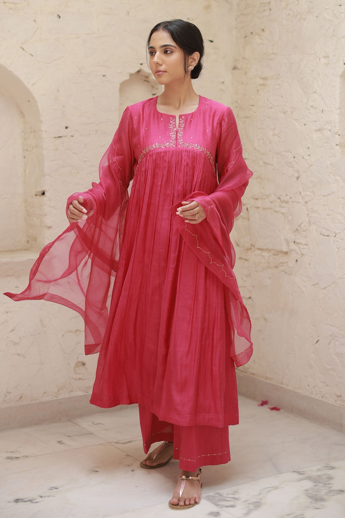 Buy Rani Pink Zari Work Kurta Set by Silpaa for women online at ScrollnShops