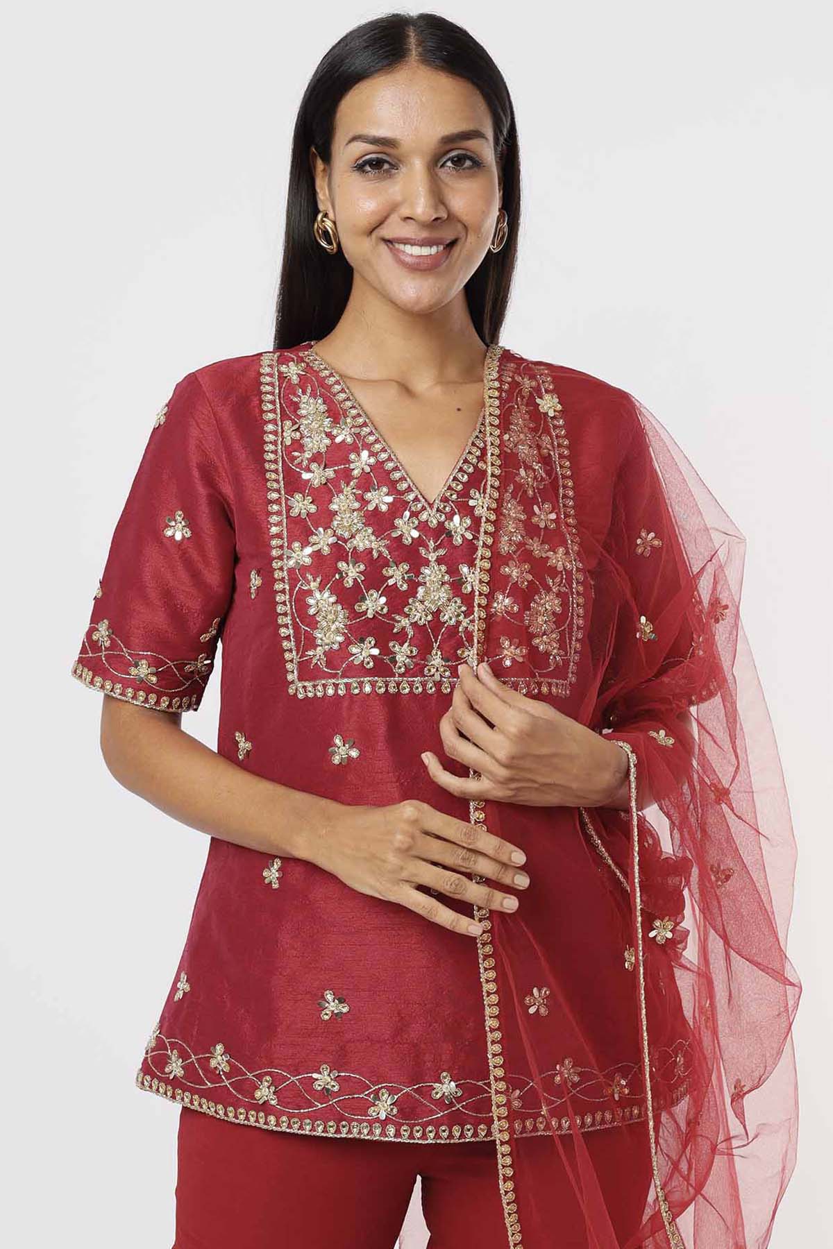 Raspberry Embroidered Kurta Set