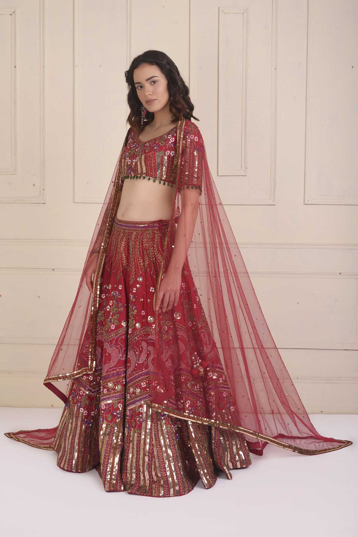 Raspberry Red Embroidered Lehenga