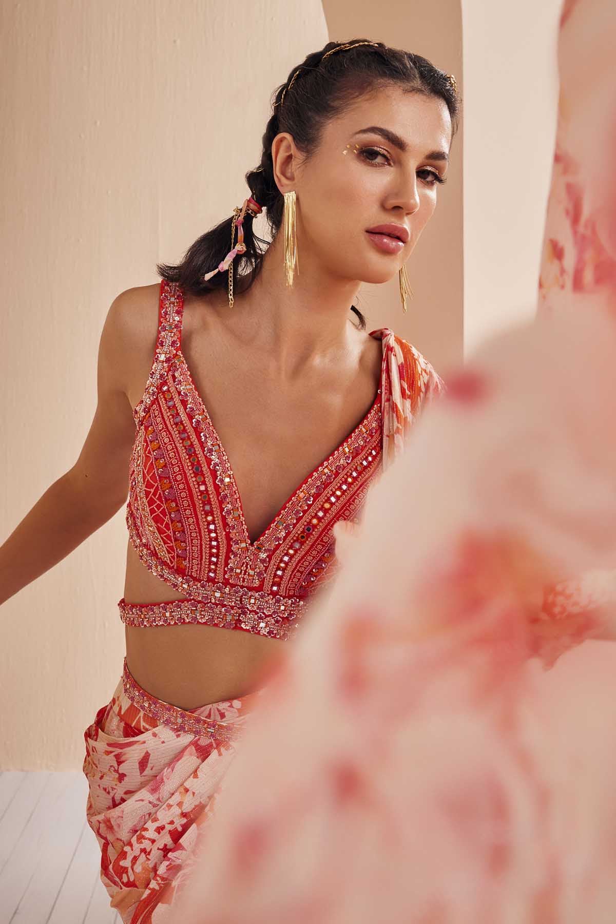 Red Abstract Print Drape Saree Set