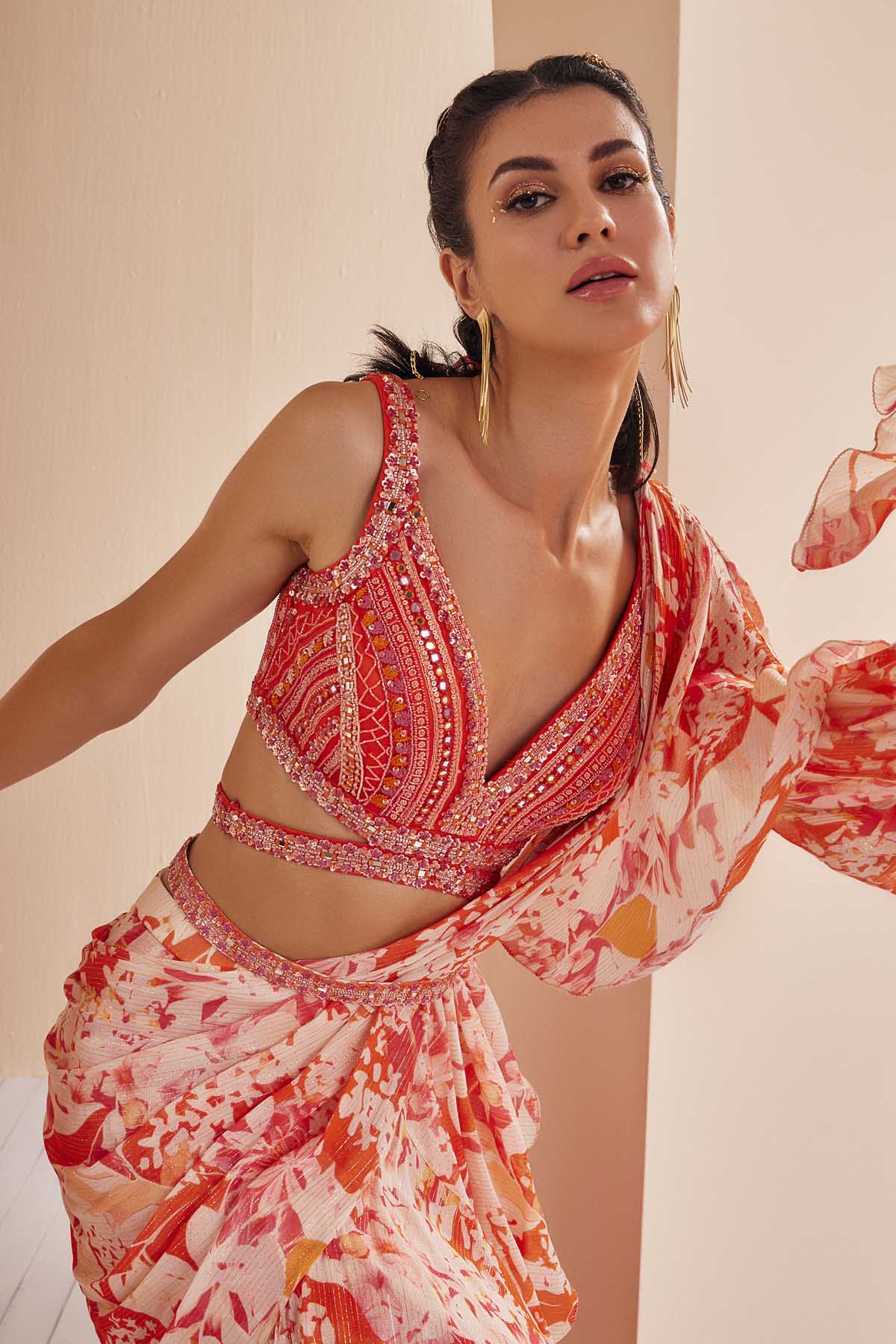 Red Abstract Print Drape Saree Set