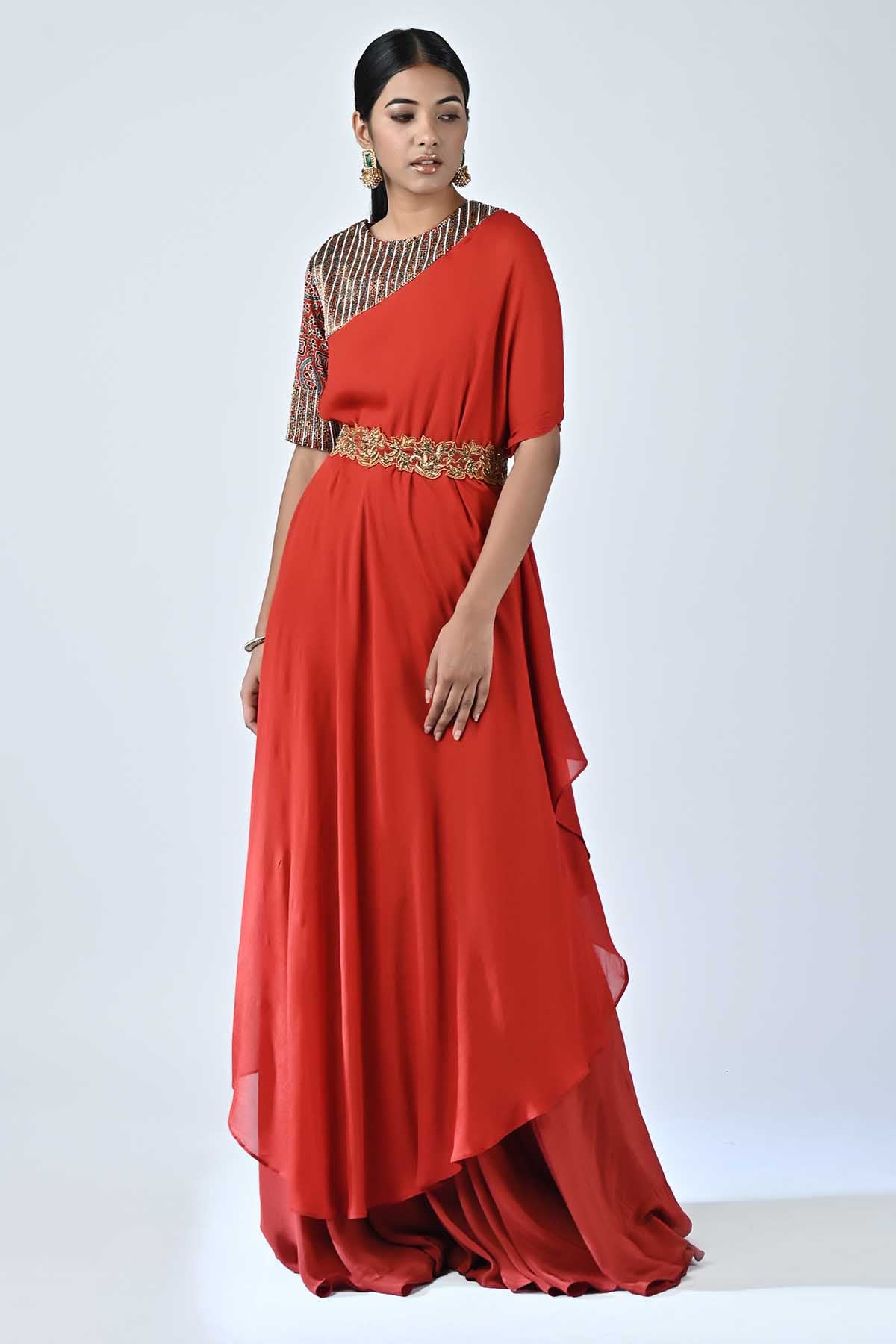 Red Ajrakh Printed Kaftan Set