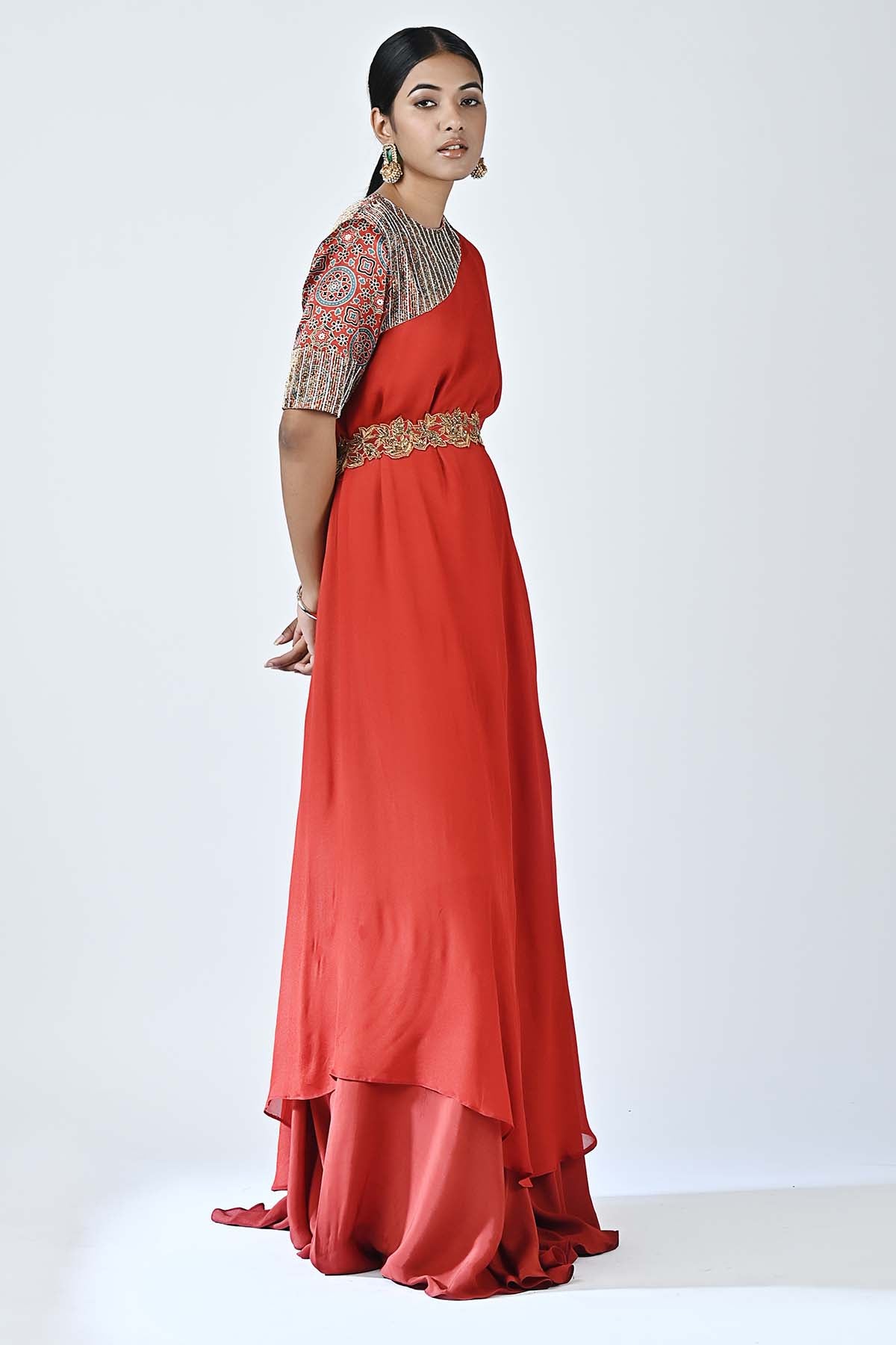 Red Ajrakh Printed Kaftan Set