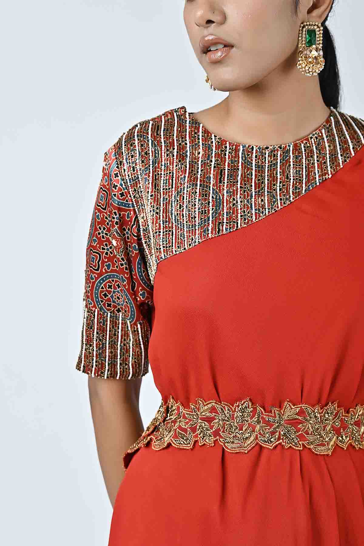 Red Ajrakh Printed Kaftan Set