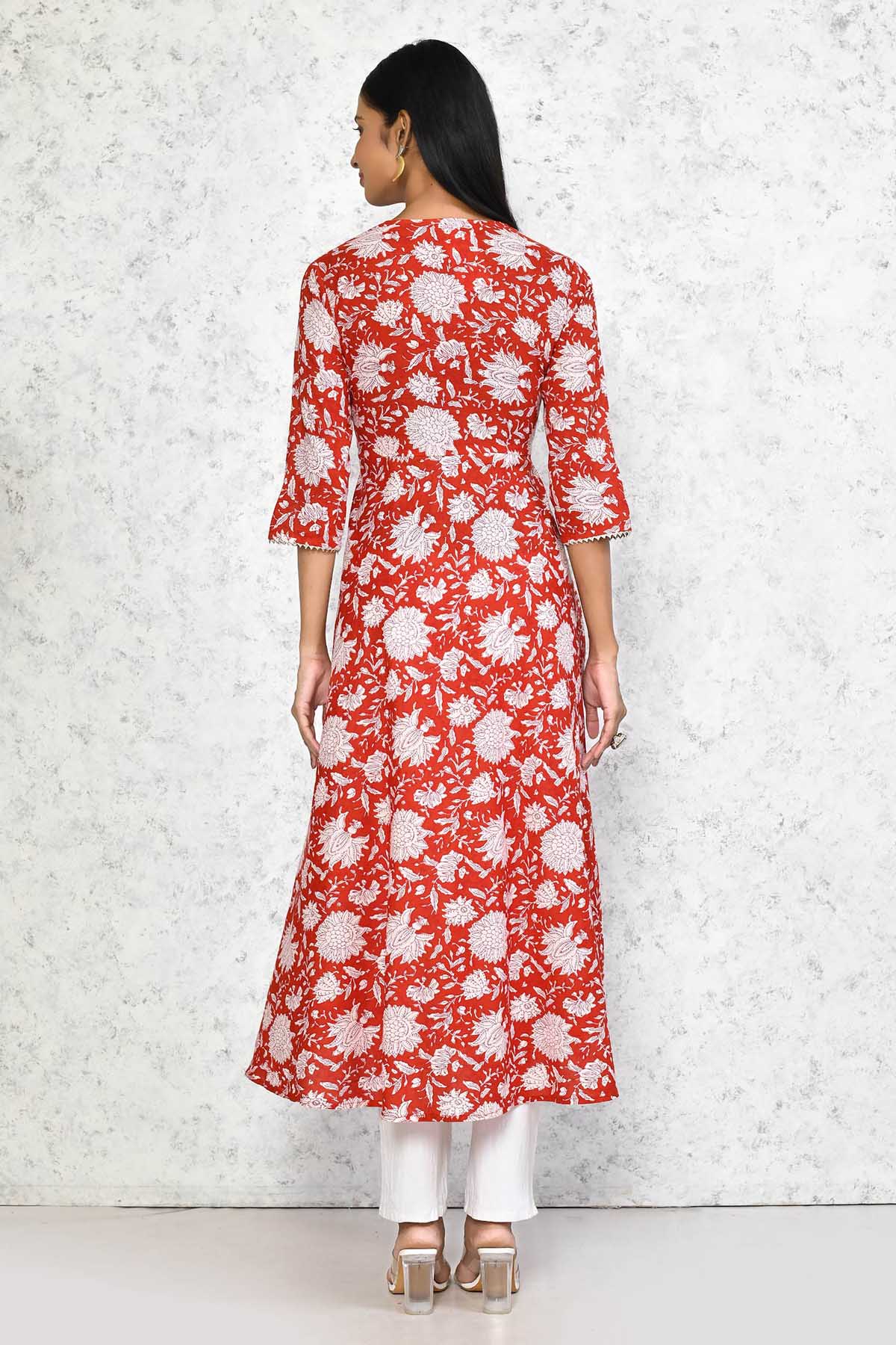 Red Blossom Print Anarkali Kurta