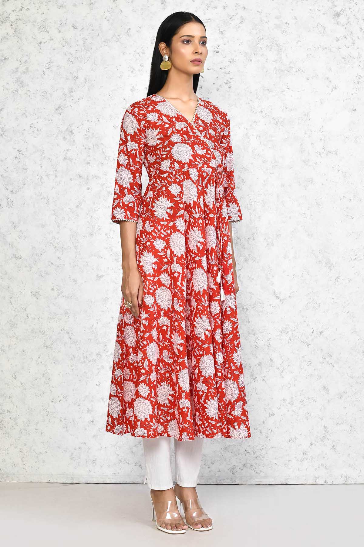 Red Blossom Print Anarkali Kurta