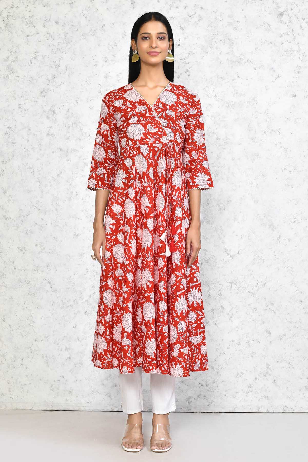 Red Blossom Print Anarkali Kurta