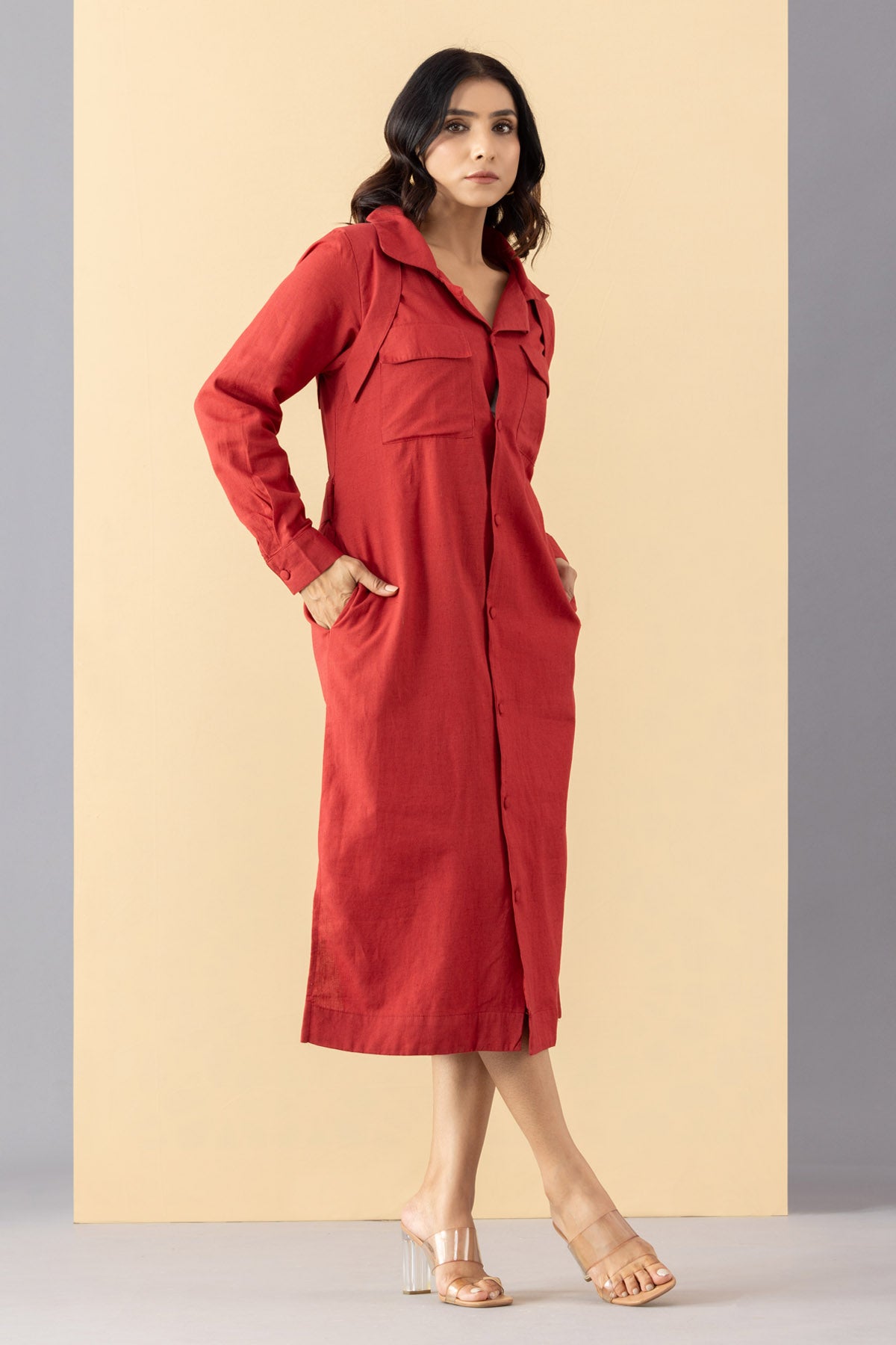 Red Button Down Jacket Dress