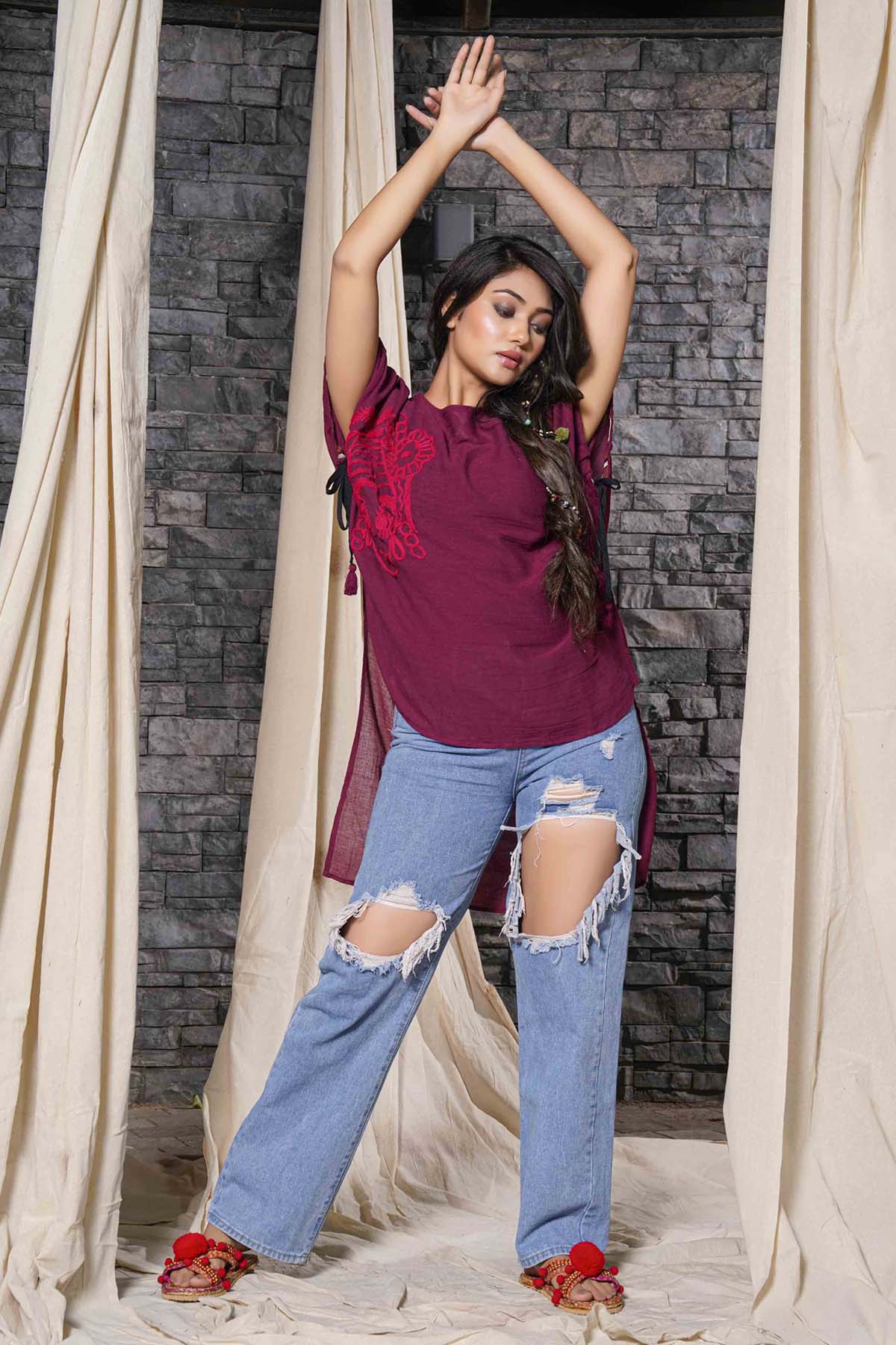 Red Casual Linen Cotton Top