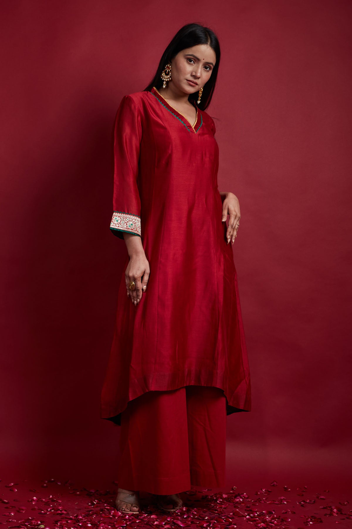 Red & Green Chanderi Kurta Set