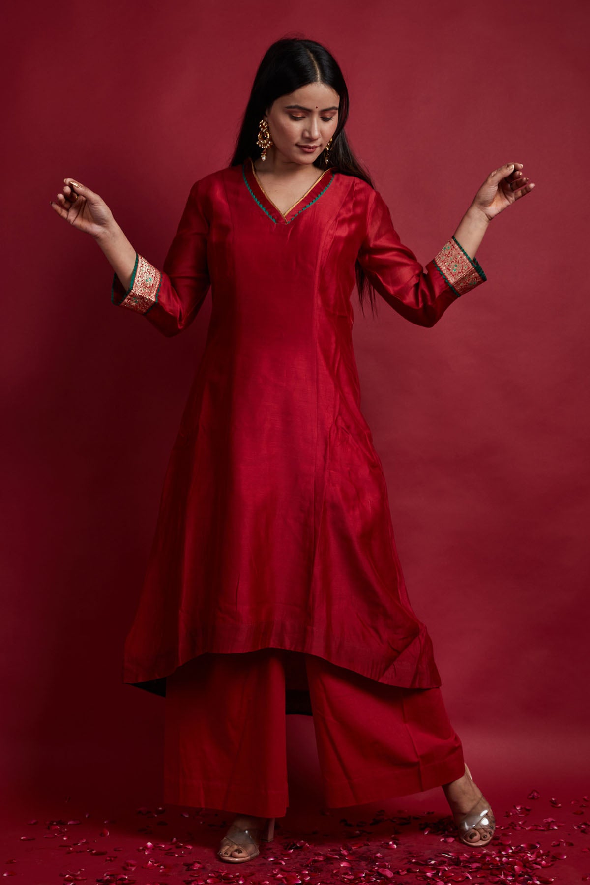 Red & Green Chanderi Kurta Set