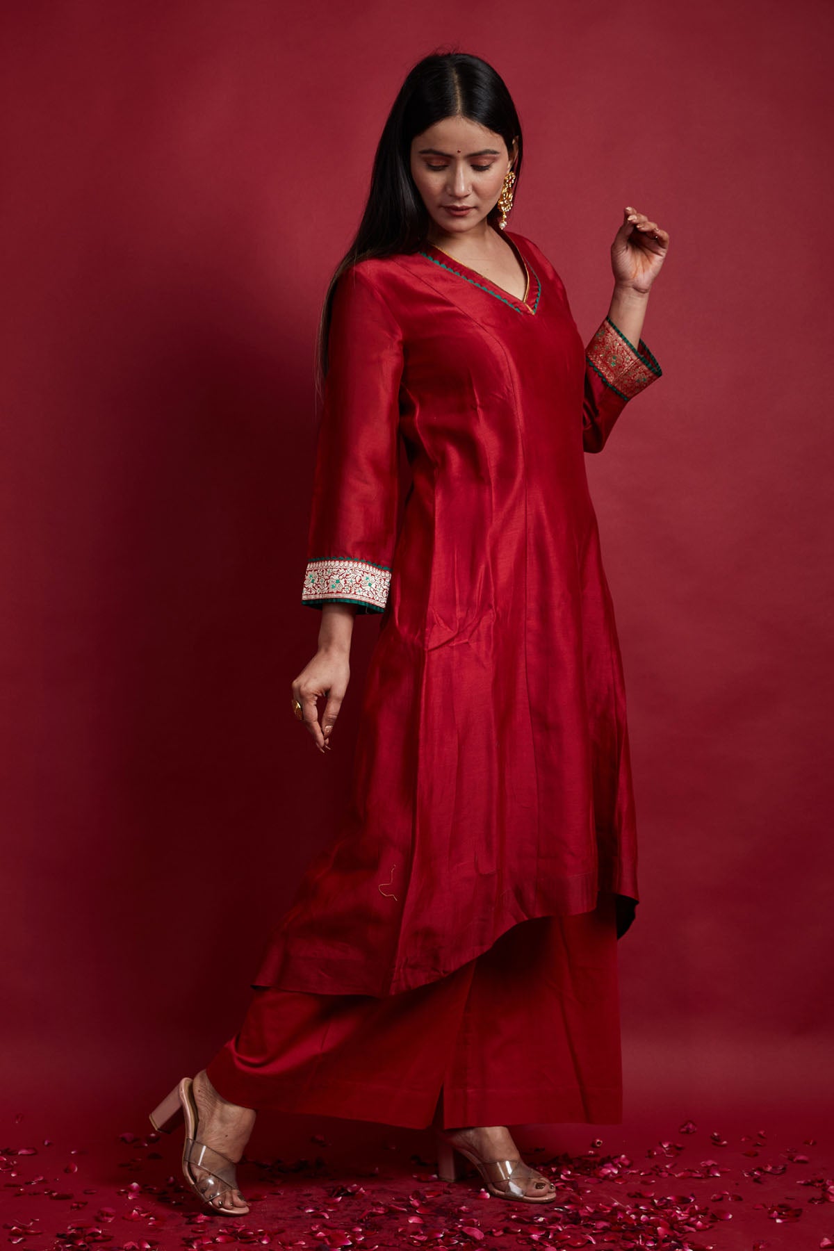 Red & Green Chanderi Kurta Set