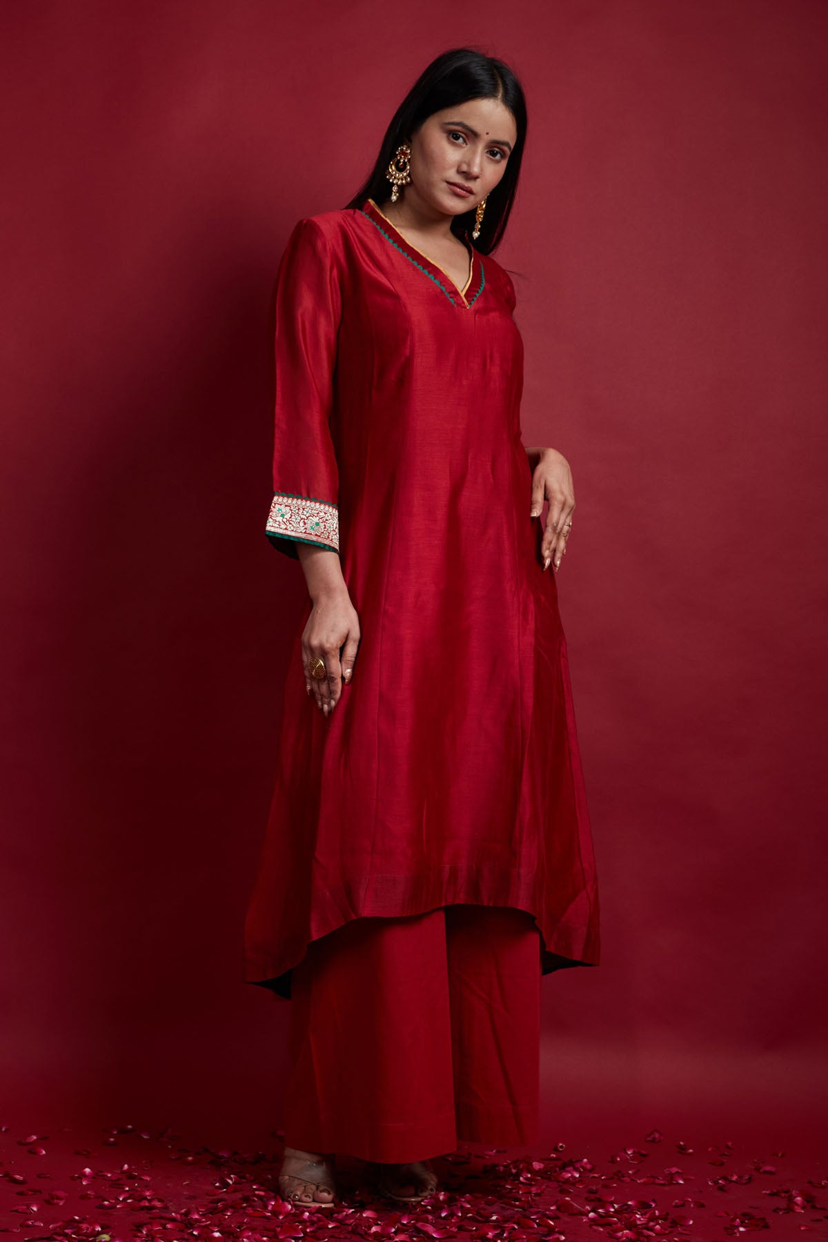 Red A-line Kurta Palazzo Set