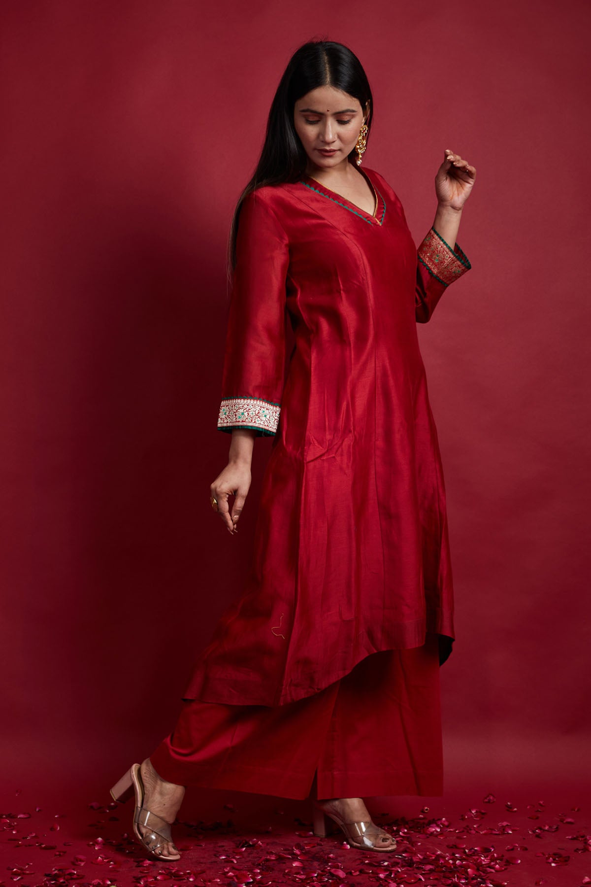 Red A-line Kurta Palazzo Set