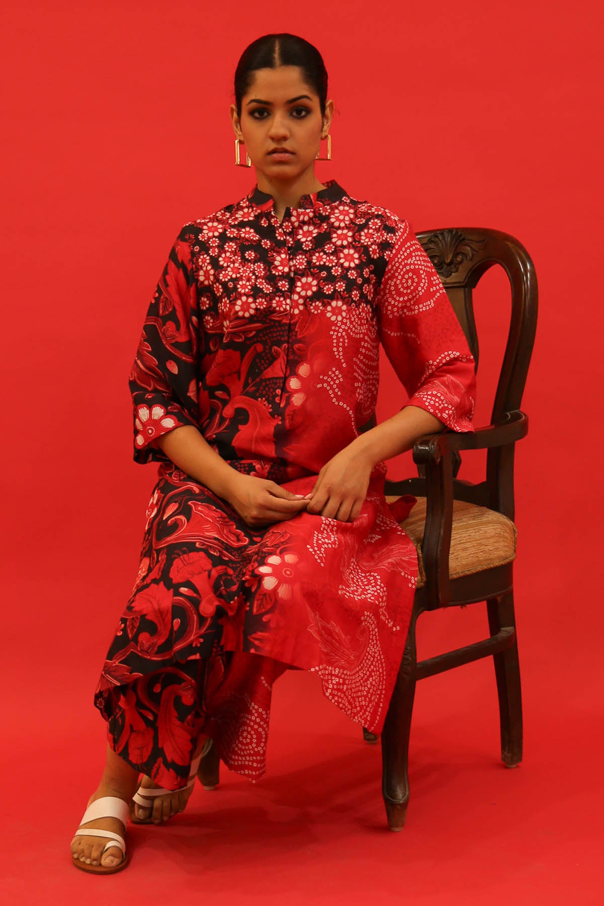 Red Chanderi Blossom Print Kurta