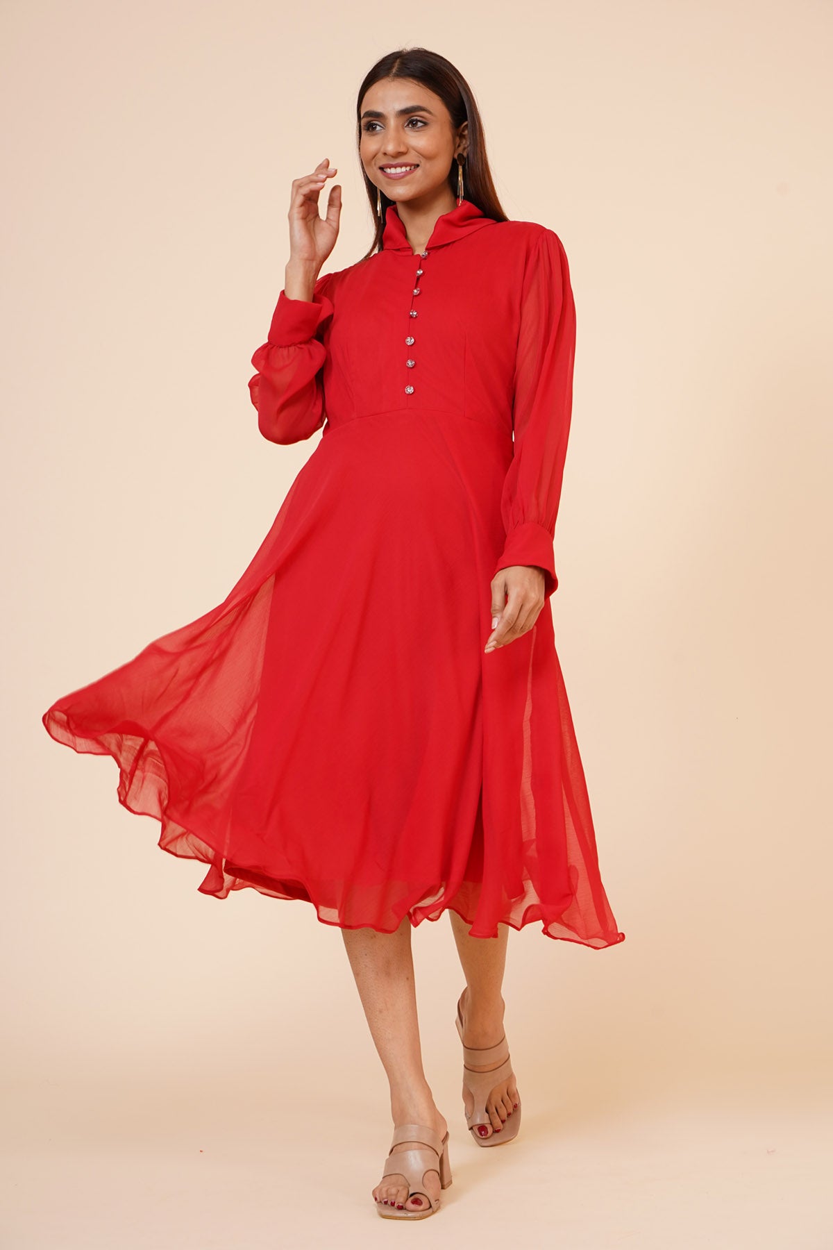 Red Chiffon Midi Dress
