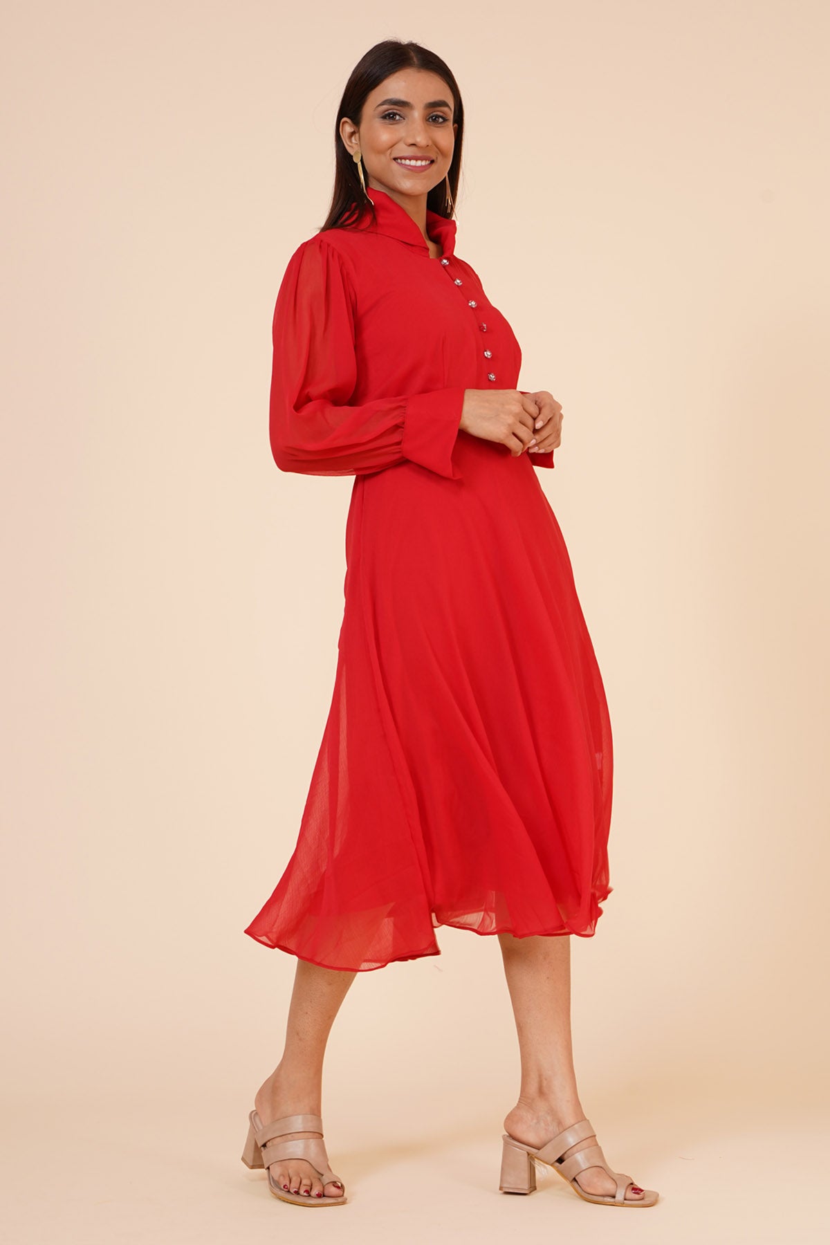 Red Chiffon Midi Dress