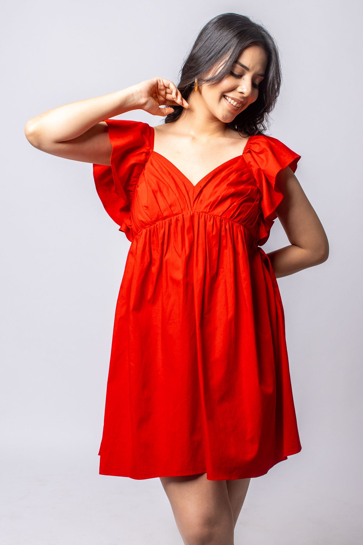 Red Cotton Gathered Mini Dress