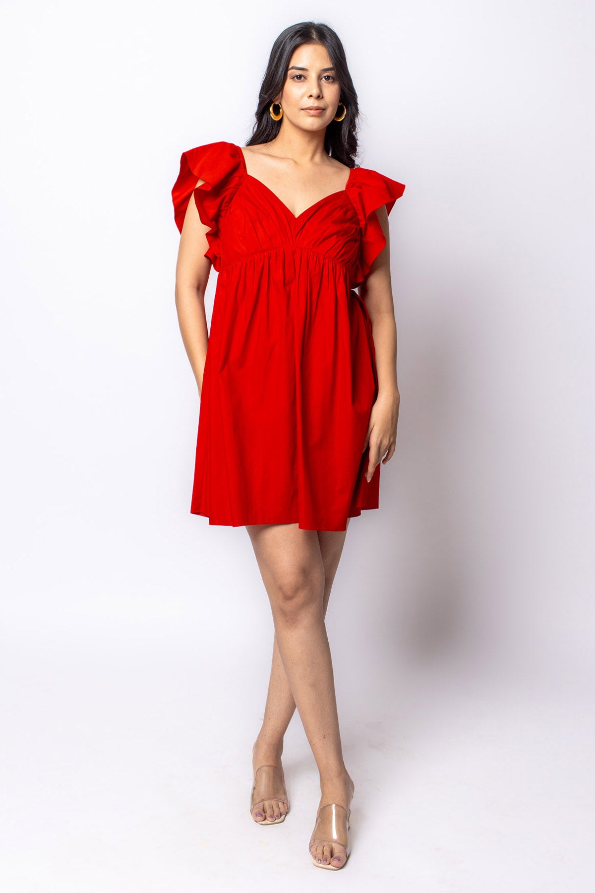 Red Cotton Gathered Mini Dress