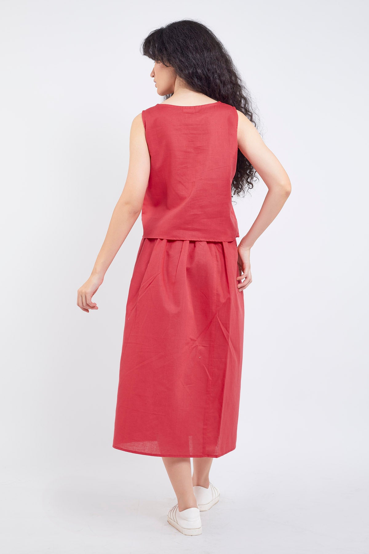 Red Cotton Linen Skirt Set