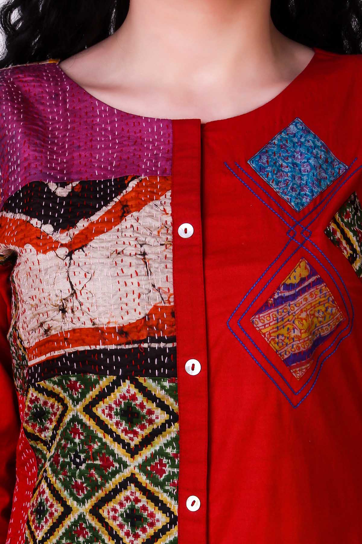 Red Cotton Silk Kantha Dress