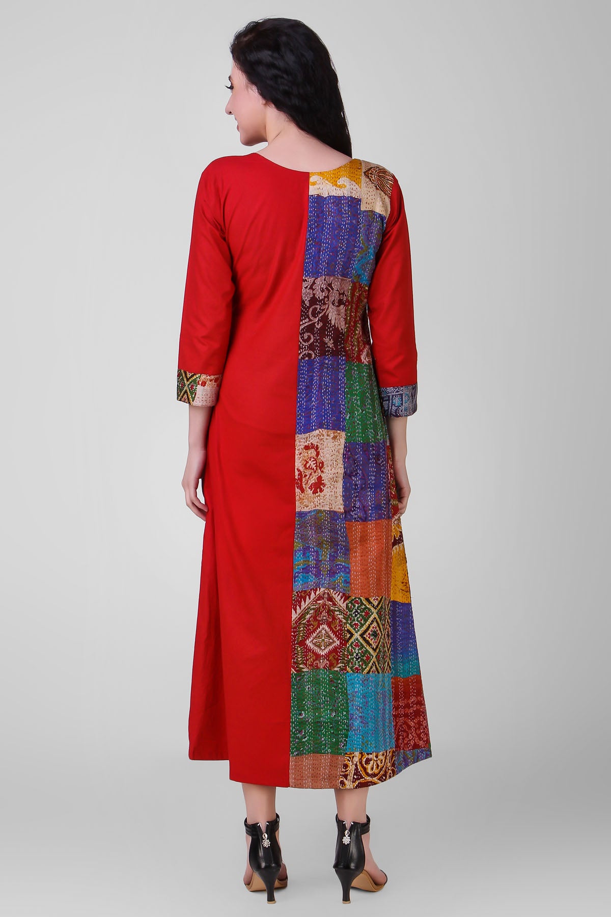 Red Cotton Silk Kantha Dress