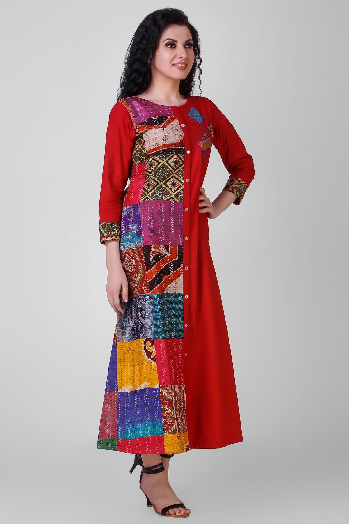 Red Cotton Silk Kantha Dress