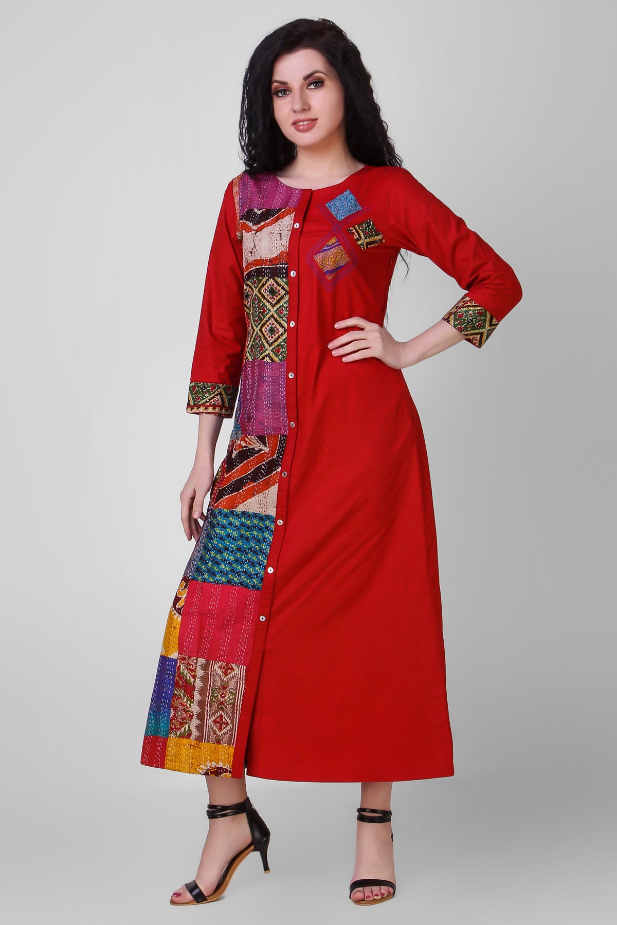 Red Cotton Silk Kantha Dress
