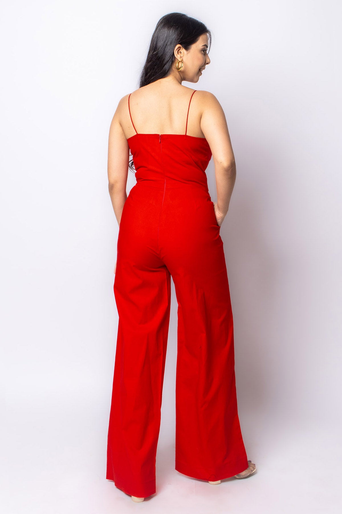 Red Cotton Sleeveless Jumpsuit