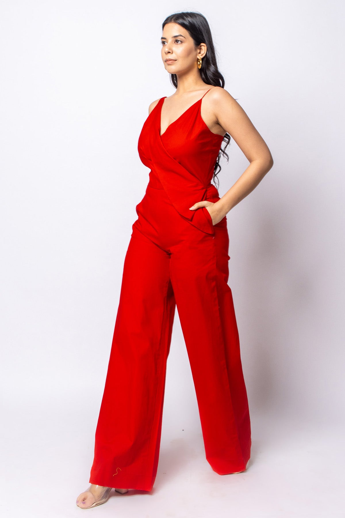Red Cotton Sleeveless Jumpsuit