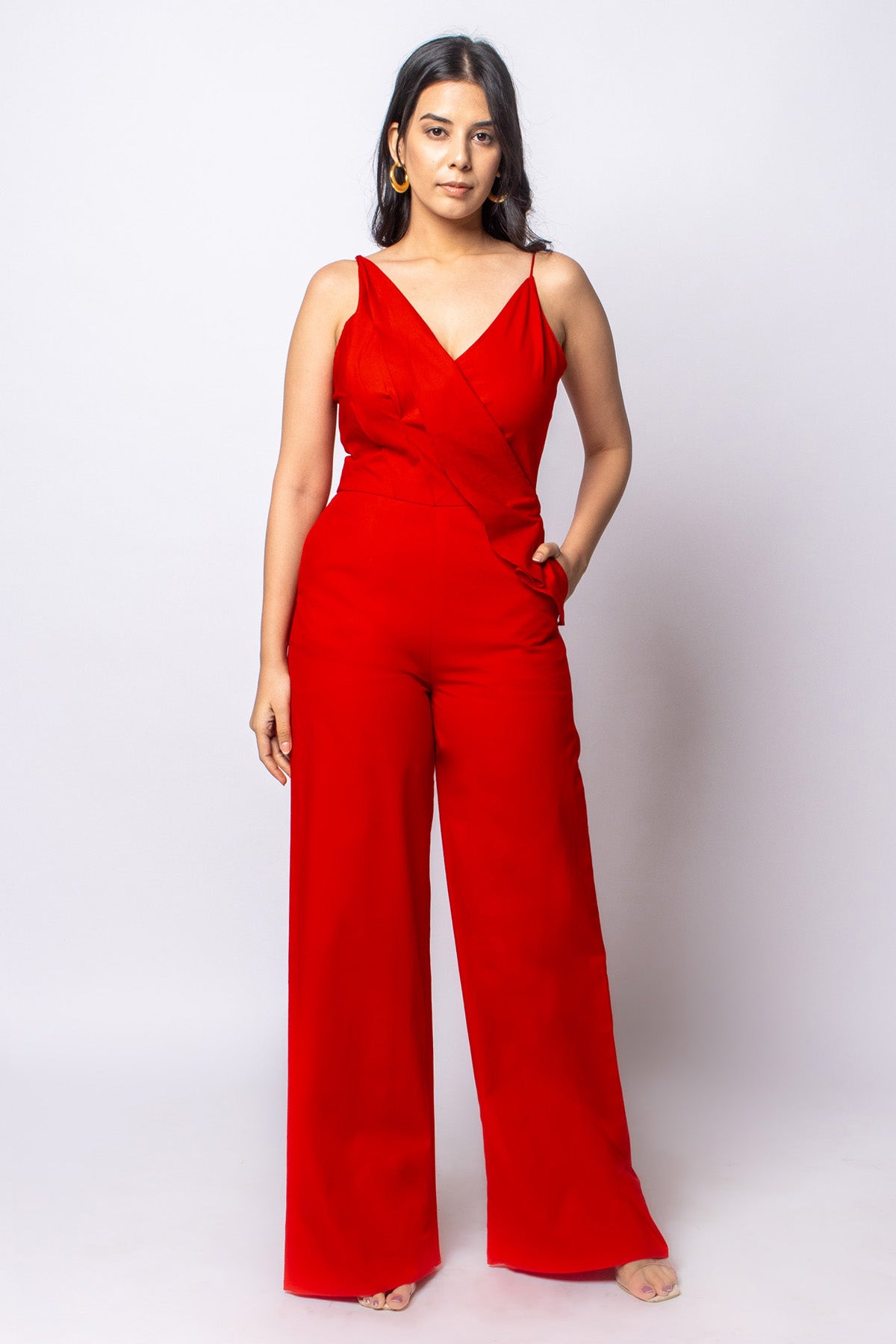 Buy Label J Red Cotton Sleeveless Jumpsuit at ScrollnShops