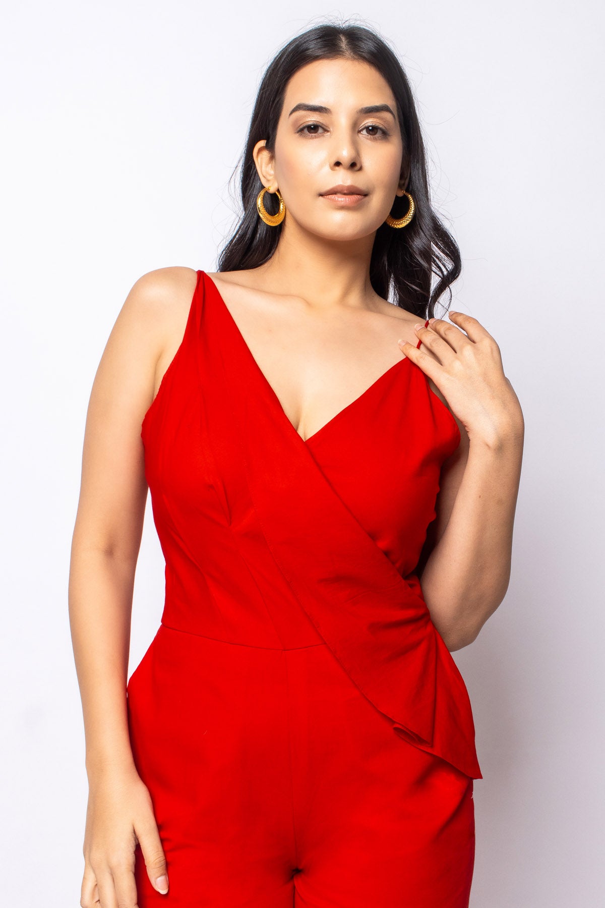 Red Cotton Sleeveless Jumpsuit