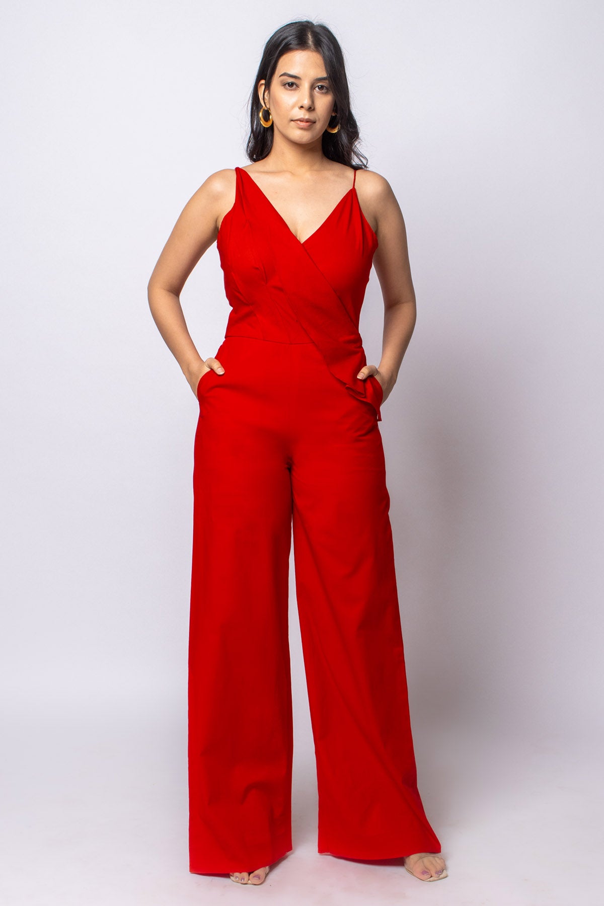 Red Cotton Sleeveless Jumpsuit