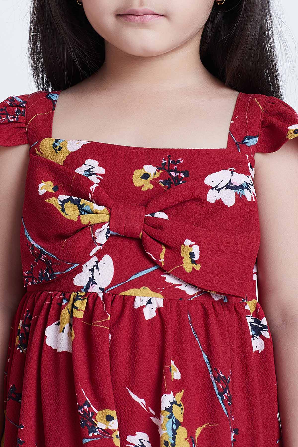 Red Crepe Floral Print Dress