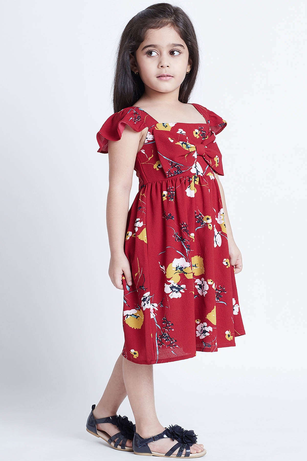 Red Crepe Floral Print Dress