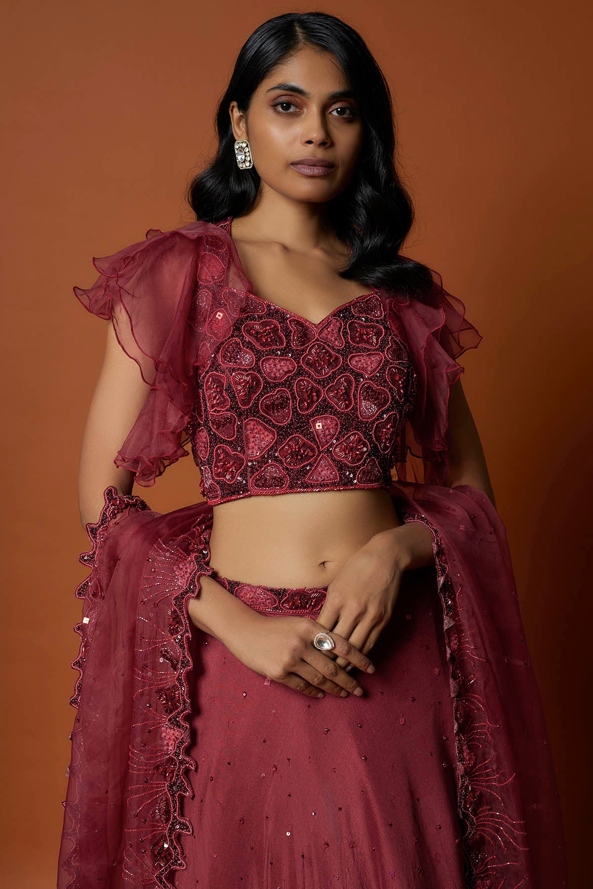 Red Crepe Layered Lehenga Set