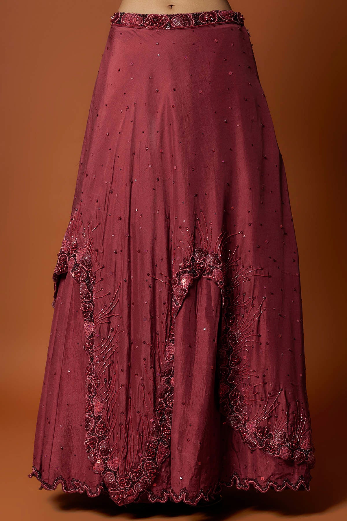 Red Crepe Layered Lehenga Set