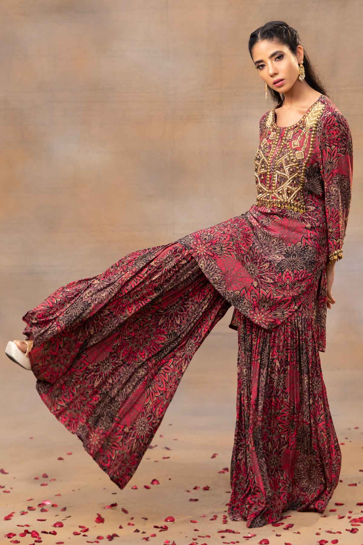 Red Crepe Printed Kurta Set