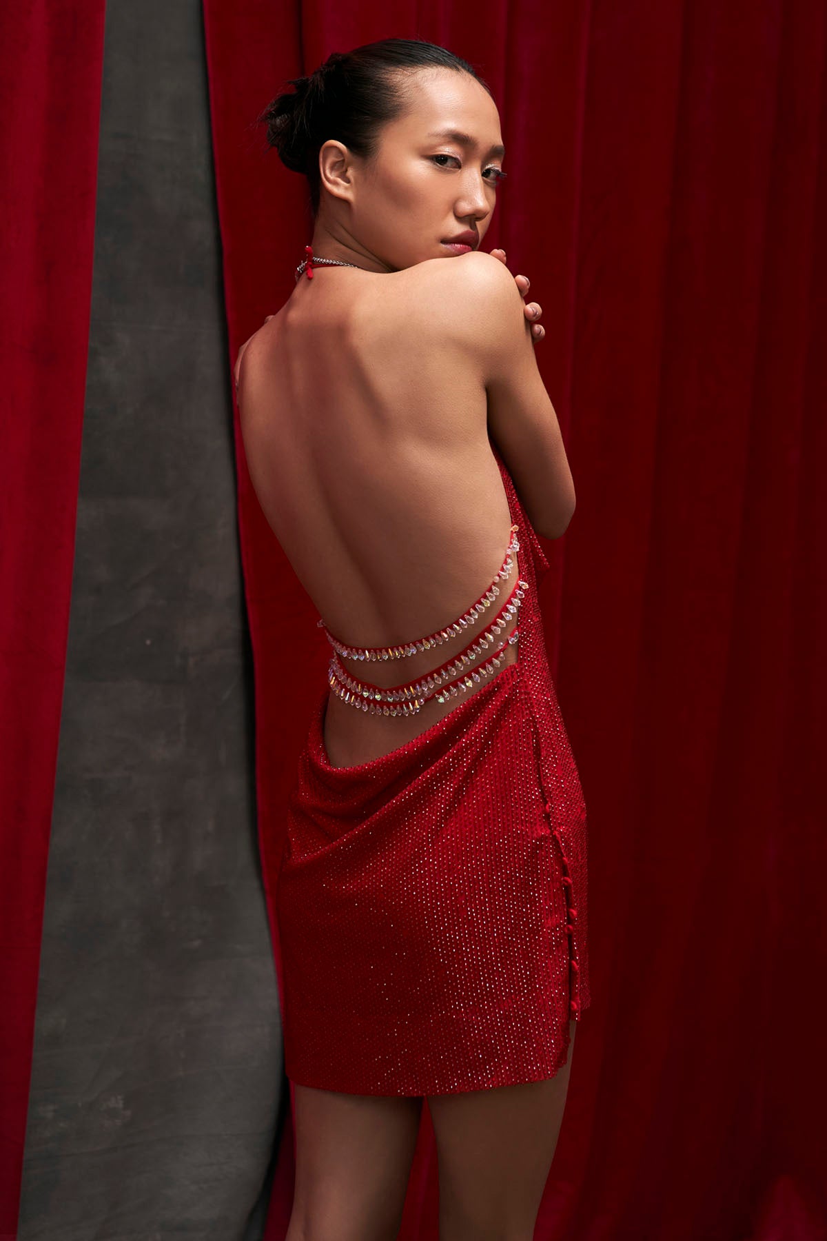 Red Crystal Backless Short Dress