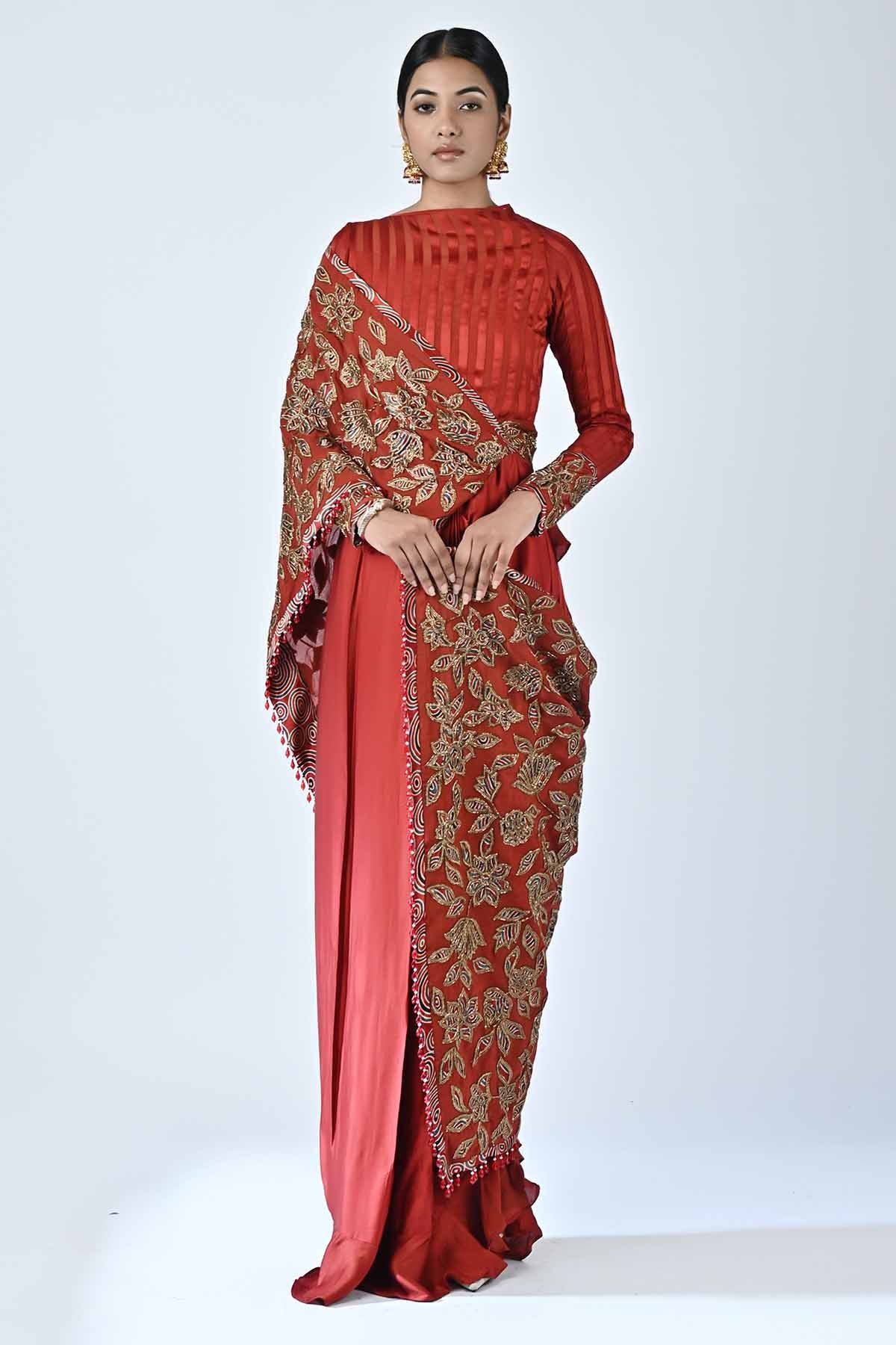 Red Cutdana Embellished Saree Gown