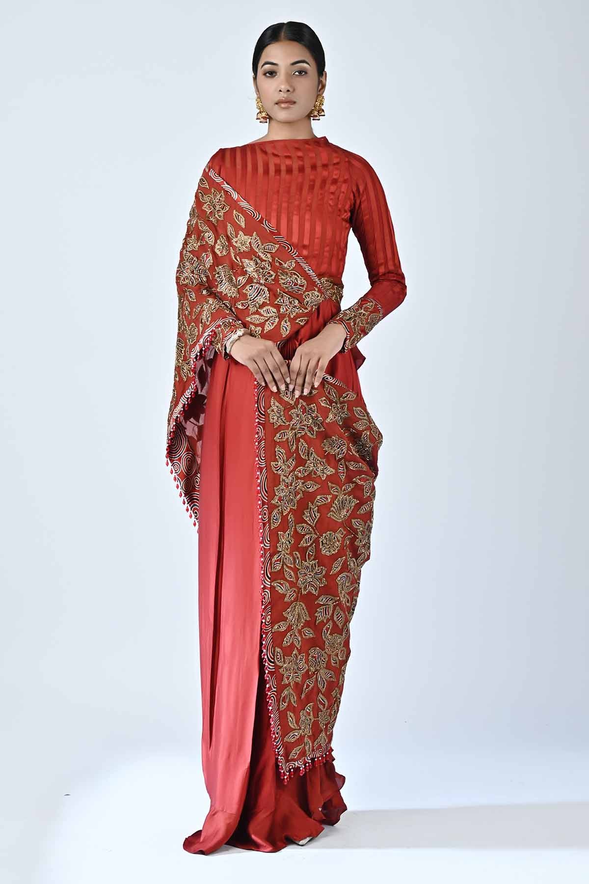 Red Cutdana Embellished Saree Gown