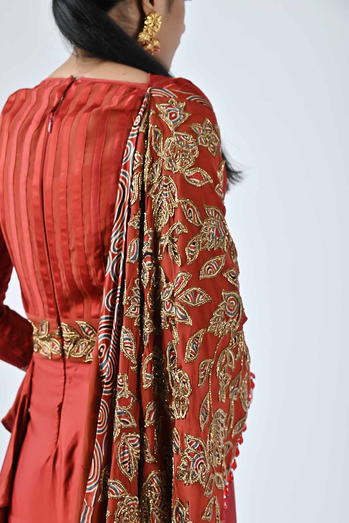 Red Cutdana Embellished Saree Gown