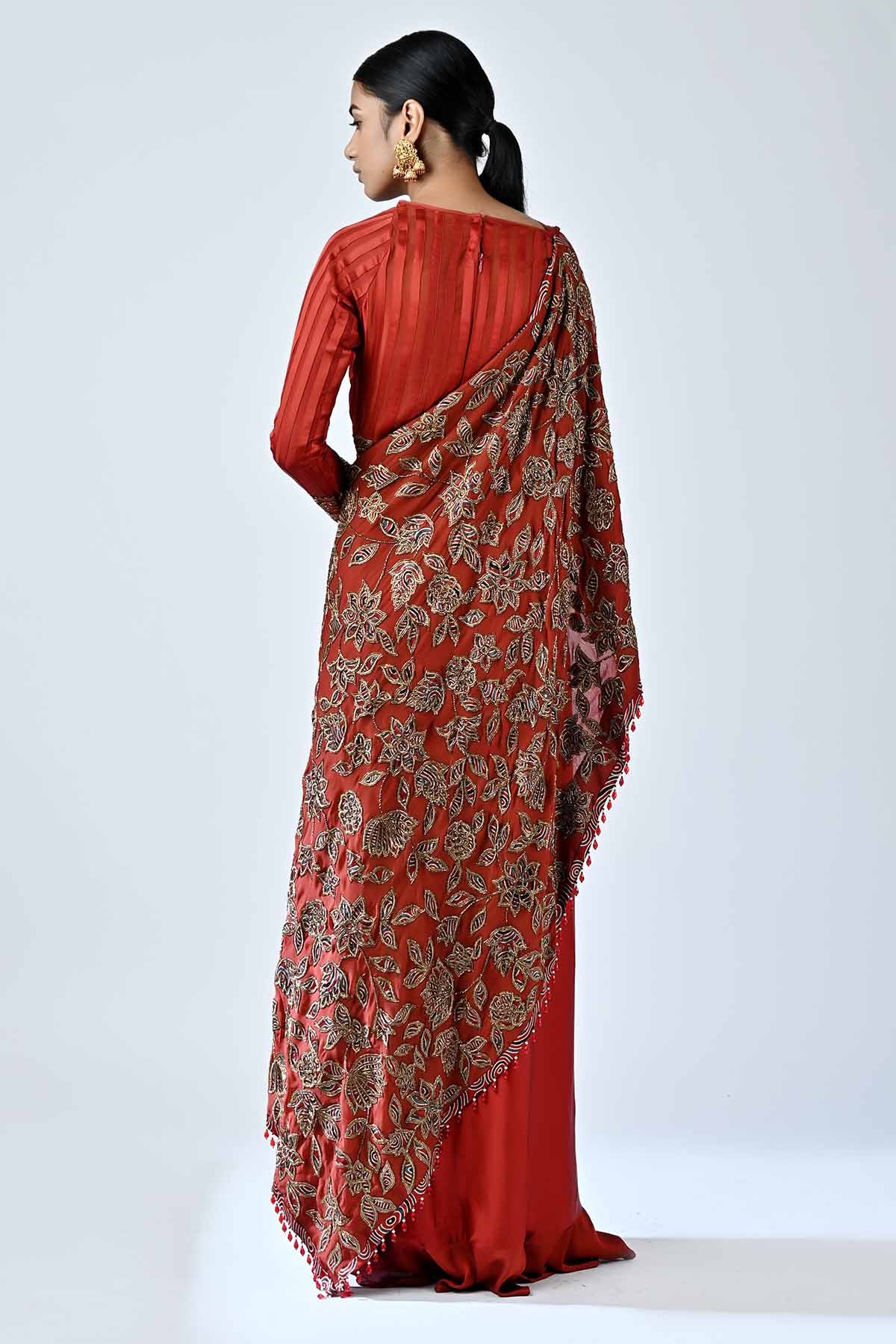 Red Cutdana Embellished Saree Gown