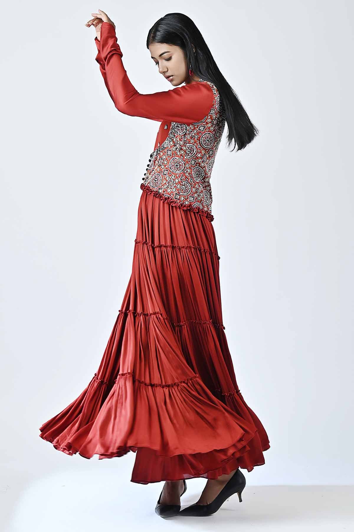 Red Cutdana Tiered Maxi Dress
