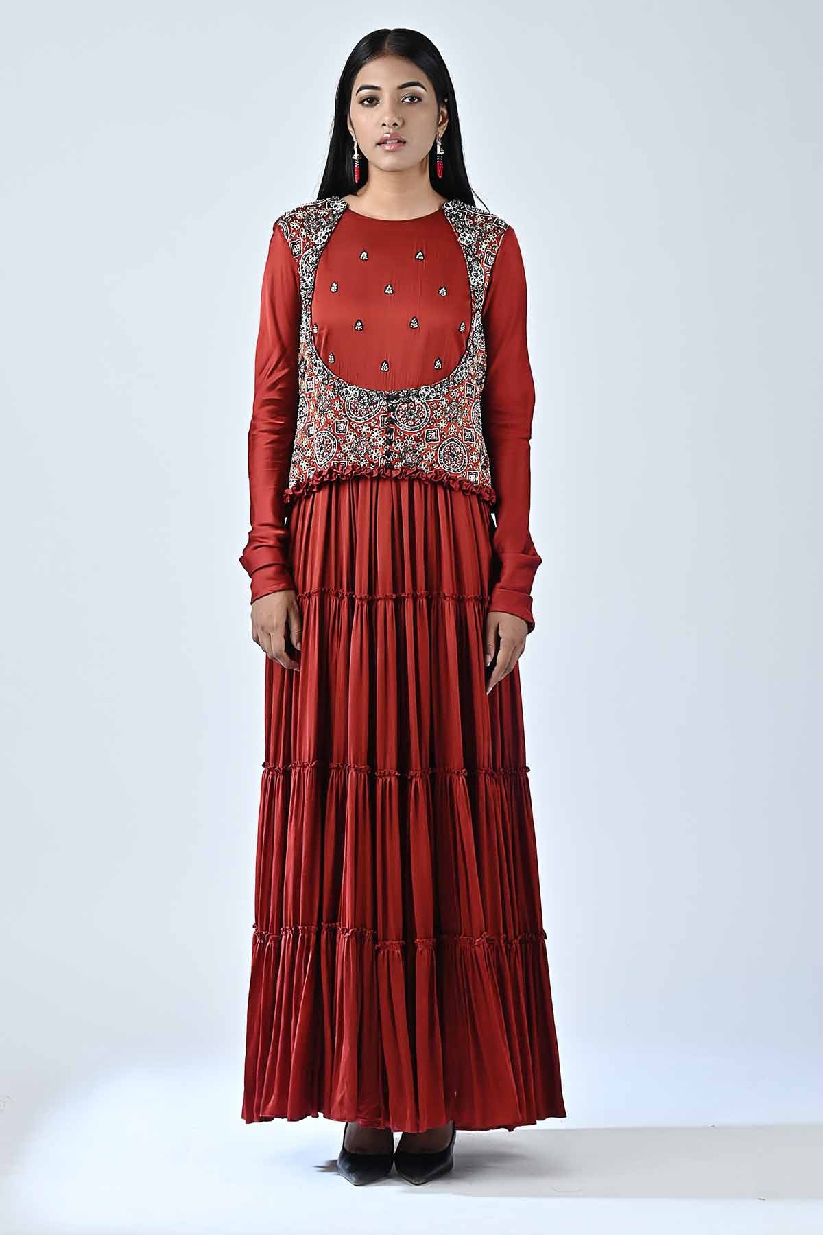 Red Cutdana Tiered Maxi Dress