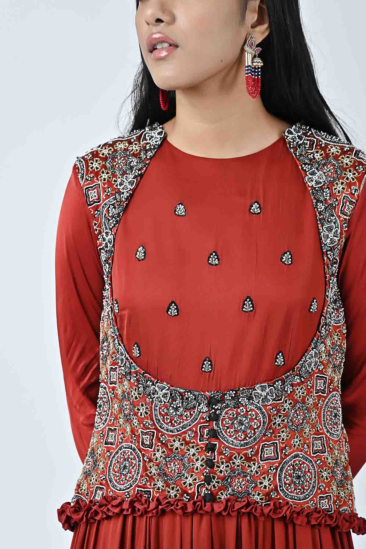 Red Cutdana Tiered Maxi Dress