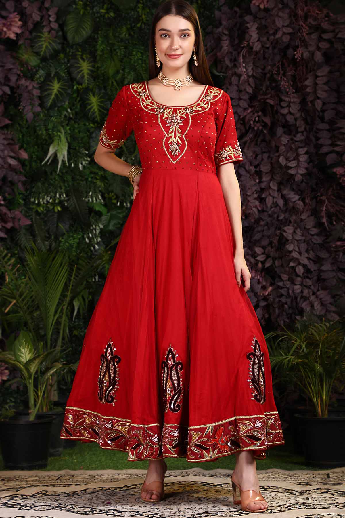 Red Embellished Anarkali Set