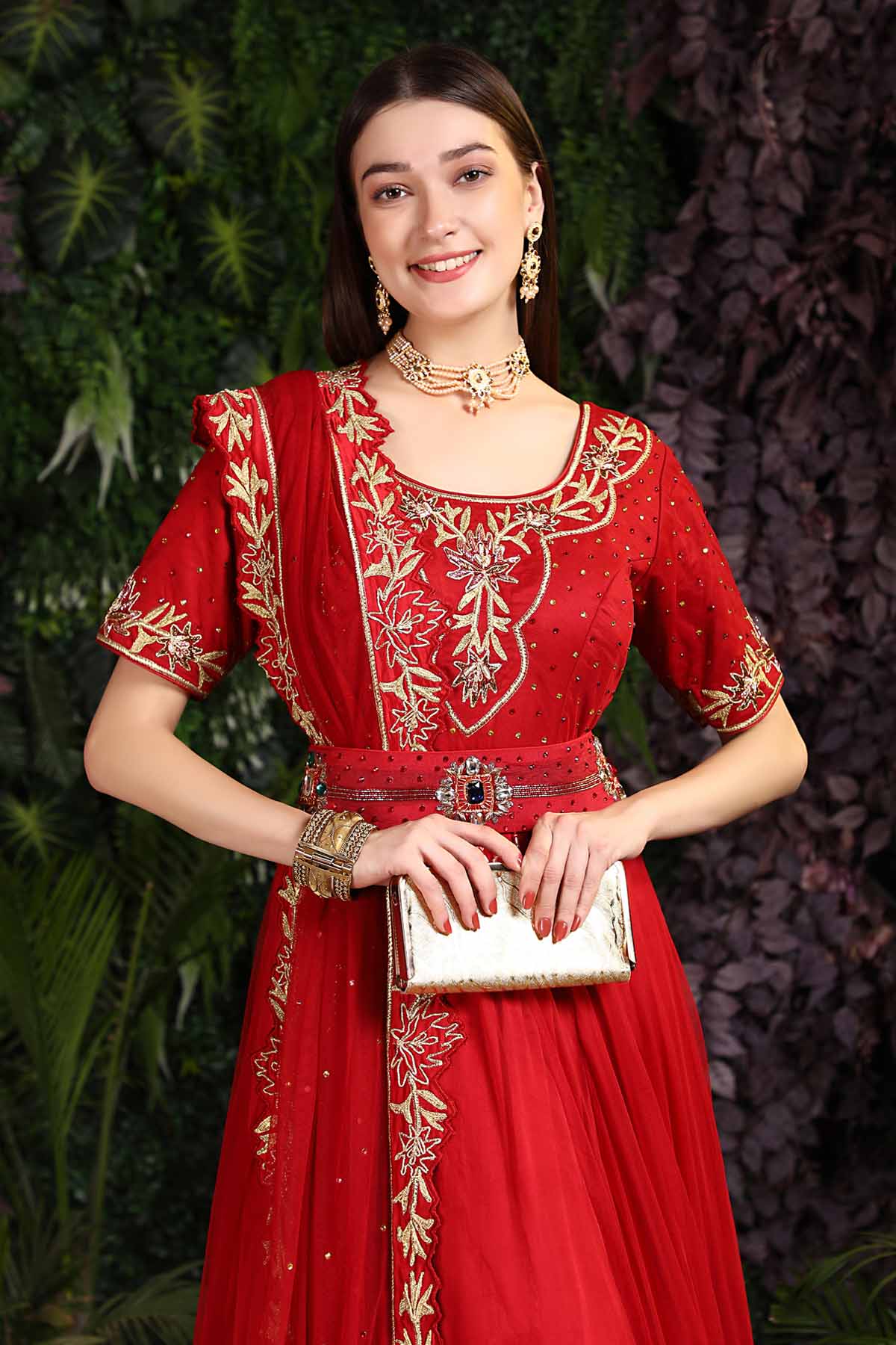 Red Embellished Anarkali Set