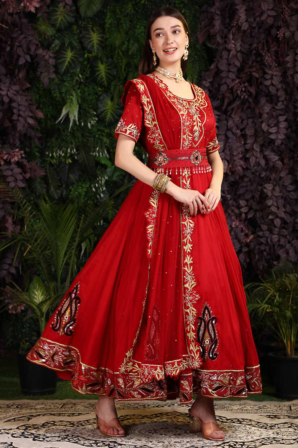 Red Embellished Anarkali Set