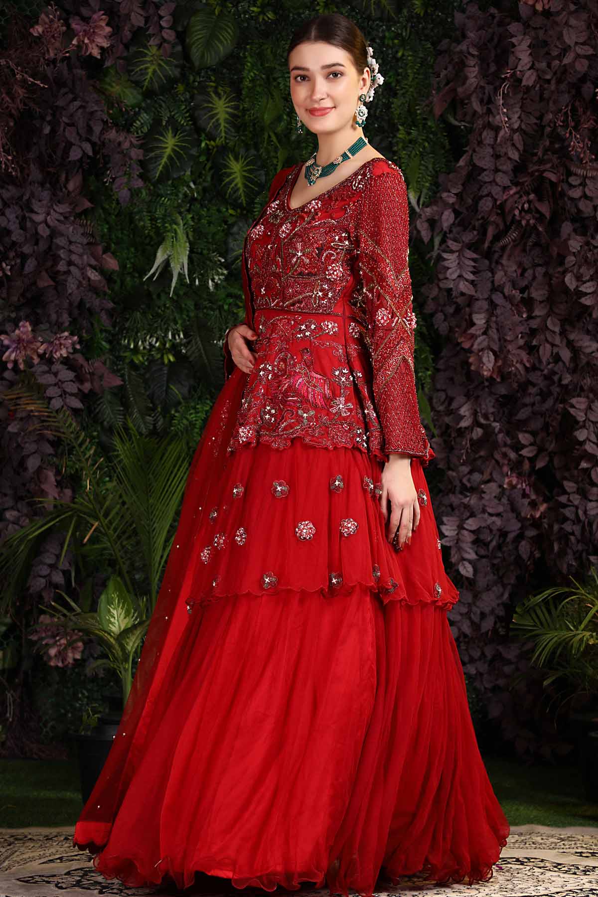 Red Embellished Gown & Dupatta Set